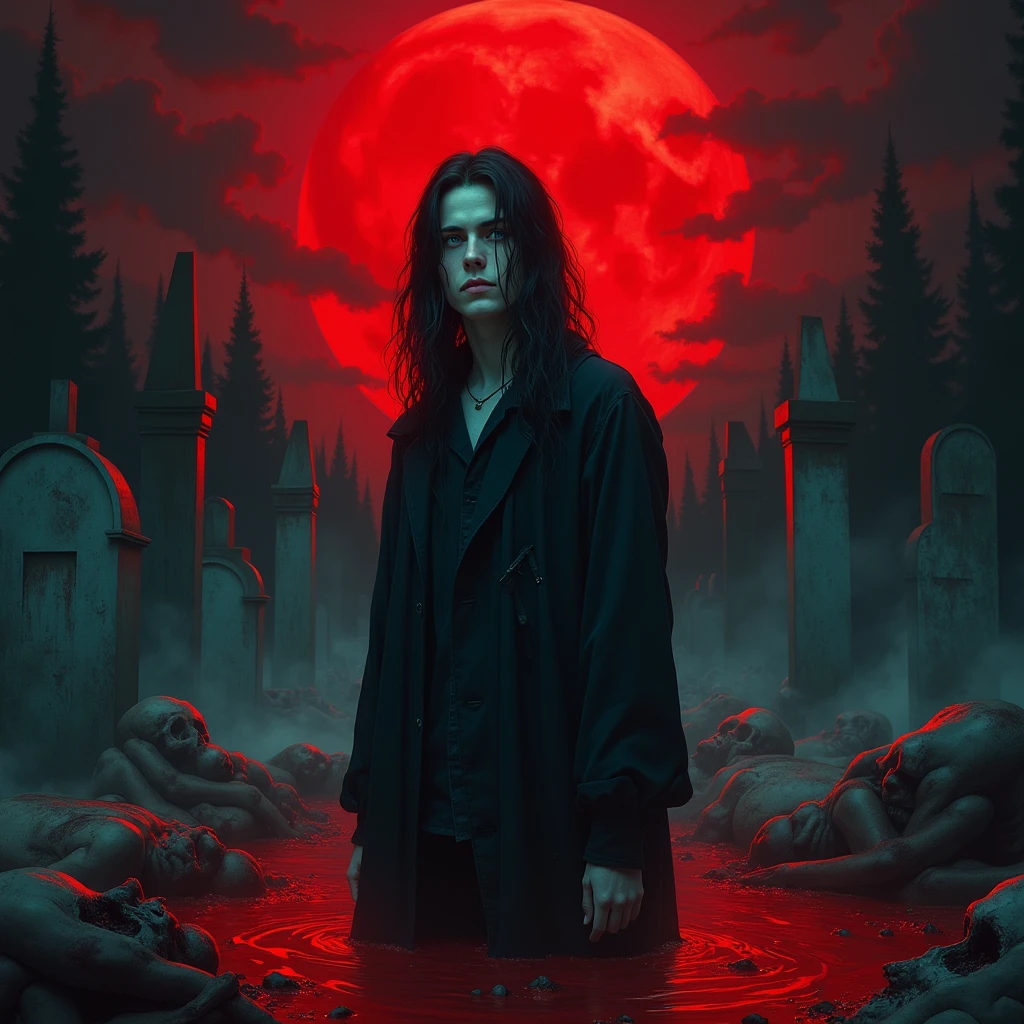 Male, 19-year-old, long black hair, teal blue eyes, gothic clothes. delicate features, no facial hair, no body hair, white and pale. Blood pouring down. Red. No facial hair. Man. Male. No body or facial hair. Young male. Male. Raining blood from the sky. Scary atmosphere. Dark. In a graveyard. Raining blood from the sky. Raining blood. Midnight. Bloody. Raining blood. Red. Tired and unhappy expression. Sinking in the blood. Ghosts and corpses everywhere. (((Very dark))) Red sky. Blood pouring down from the sky. (((Scary.)))) Despair. Looking at the camera, frowning. Red moon. Sinking down.