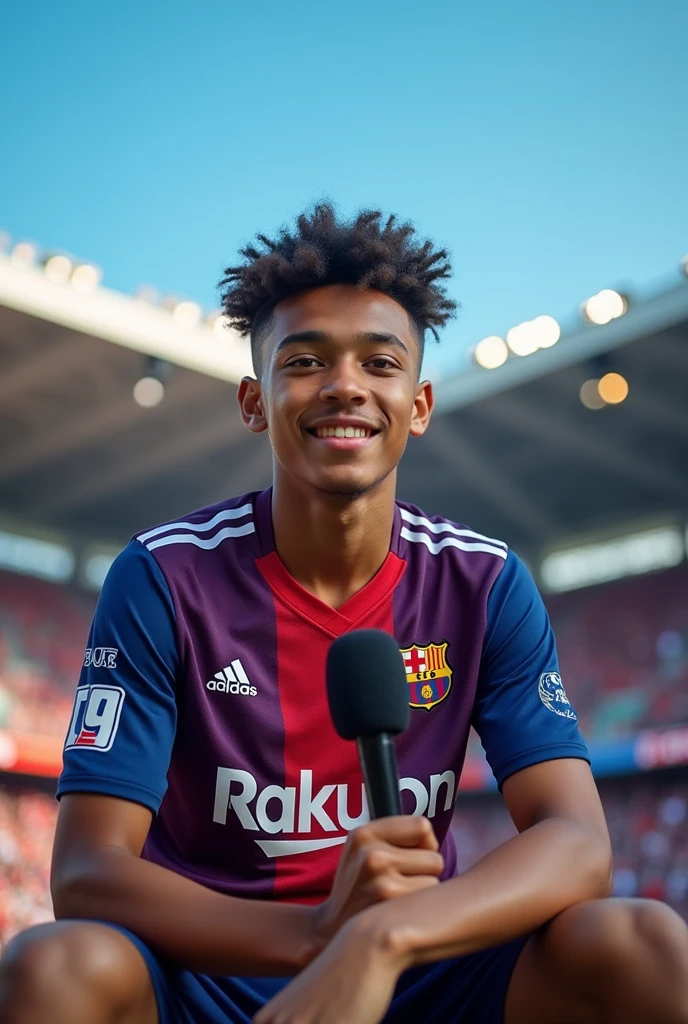 Adult boy with curly hair cut quite short during a football interview.
