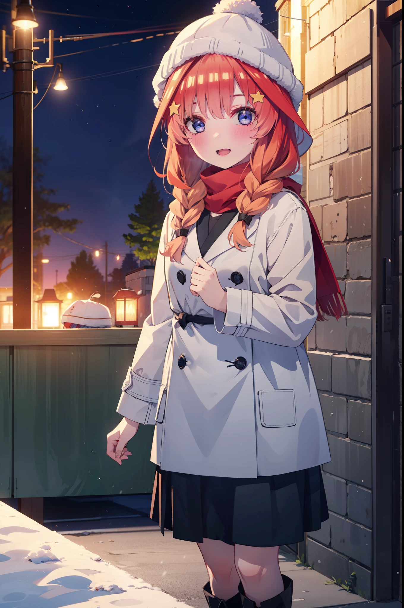 itsukinakano, Itsuki Nakano, bangs, blue eyes, Hair between the eyes, Ahoge, Redhead, star \(symbol\), hair ornaments, star hair ornaments,smile,Open your mouth,White Breath,blush,Long, thick braids,Knitted hat,White scarf,Red long coat,V-neck sweater,Black long skirt,short boots,snowが降っている,snowが積もっている,snow,snow,snow,snow,Walking,whole bodyがイラストに入るように,night,
break outdoors,Residential Street,
break looking at viewer, whole body,
break (masterpiece:1.2), Highest quality, High resolution, unity 8k wallpaper, (figure:0.8), (Beautiful attention to detail:1.6), Highly detailed face, Perfect lighting, Highly detailed CG, (Perfect hands, Perfect Anatomy),