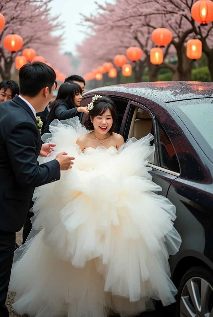 The pretty Japanese bride is desperately trying to get out of the car. She is trying to get out of the car on all fours. She is wearing a huge fluffy tulle dress, buried under that huge skirt, completely underneath. The skirt has caught on the car door and several people are trying to pull the dress to get her out of the car.