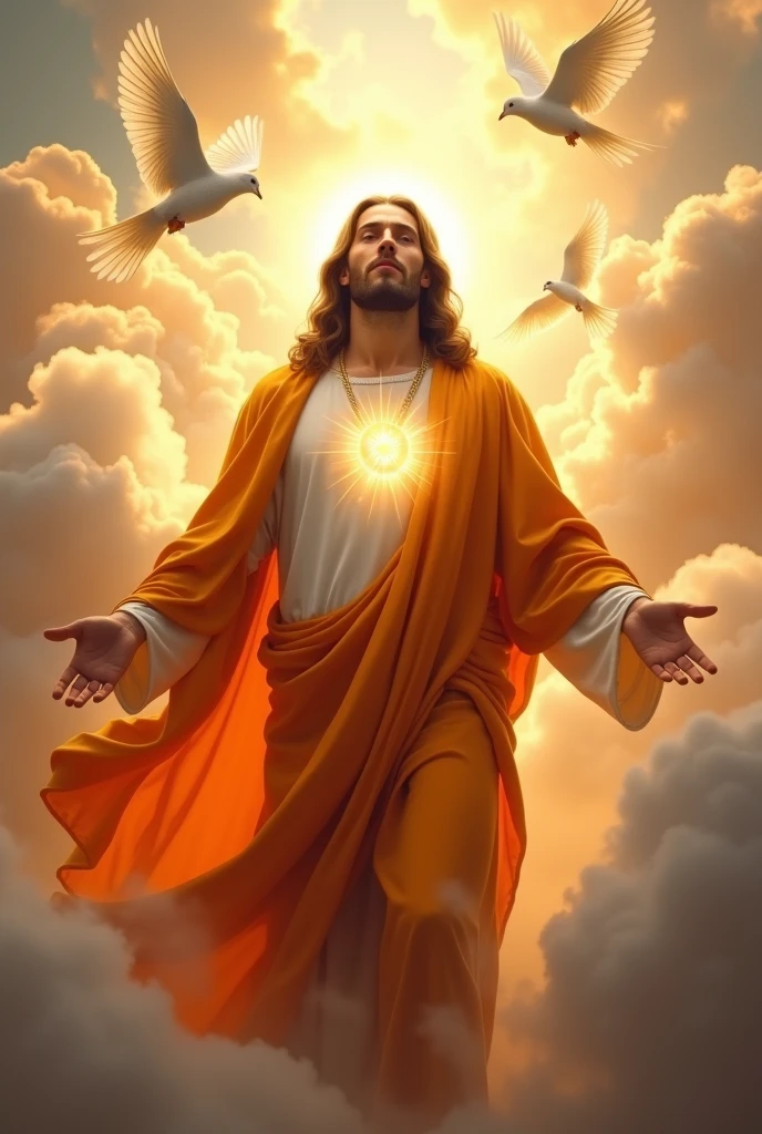 (photorealism:1.2), handsome Jesus Christ,  depicting a figure of handsome Jesus Christ ascending to heaven that full of clouds and sorrounded of light at the center, wearing the orange of the king clothes with light in his head and heart spreading all over, perfect five finger, handsome hair, outdoors, soft lighting, so many dove in the background, beautiful sunlight, paradise of clouds, relaxed pose, realistic, intricate details, bright colors,