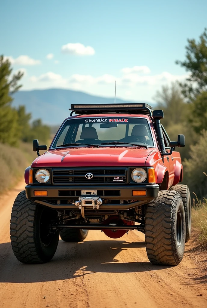Toyota hilux 1992 big wheels with a red cilvines cabin that says hilux on the cover
