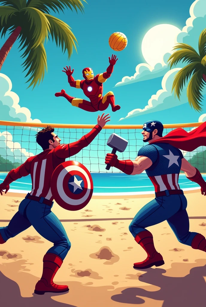 Crie uma logo, with the members of the avengers as if they were playing volleyball