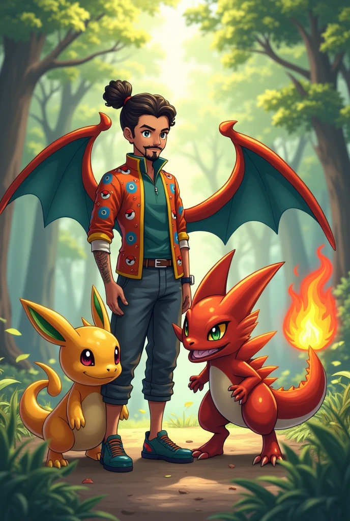 draw a Latin Pokemon trainer with a bun and curly hair, scraped on the side, with beard and mustache, ao lado do pokemon shiny dragonite, do pokemon blaziken
