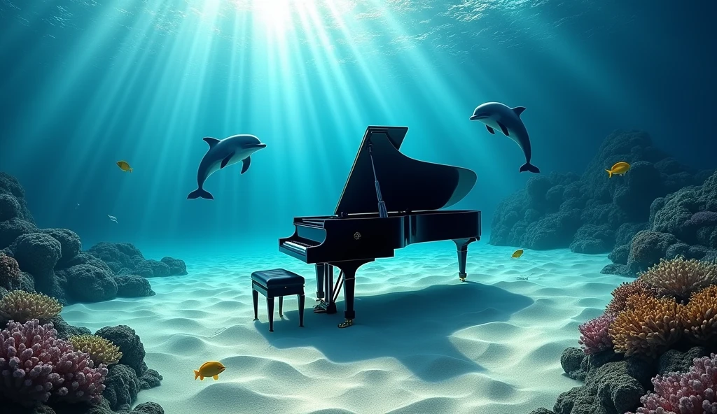 Two dolphins swimming from the depths, a sunken ship. A colorful coral reef "A stunning underwater scene featuring a black grand piano resting on a sandy ocean floor. Several dolphins swim gracefully around the piano. Sunbeams from the top right of the screen filter into the clear water, creating beautiful patterns on the sand and piano. The overall atmosphere is tranquil and mesmerizing, with the piano standing out against the vibrant blue tones of the ocean. The dolphins are playful and inquisitive, adding a touch of vibrancy to the serene underwater environment. The image is realistic, capturing fine details of the piano, dolphins, and underwater light effects." Tropical fish swim gracefully around colorful coral. Change the composition to a top-down view