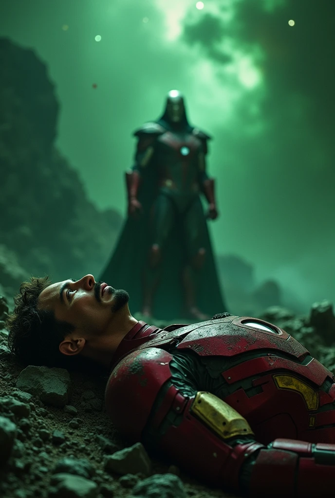 Generate a picture of Tony Stark, injured, looking at the Iron Man helmet in detail, with a green and slightly dark outer space background.  Doctor Doom is also in the picture. 