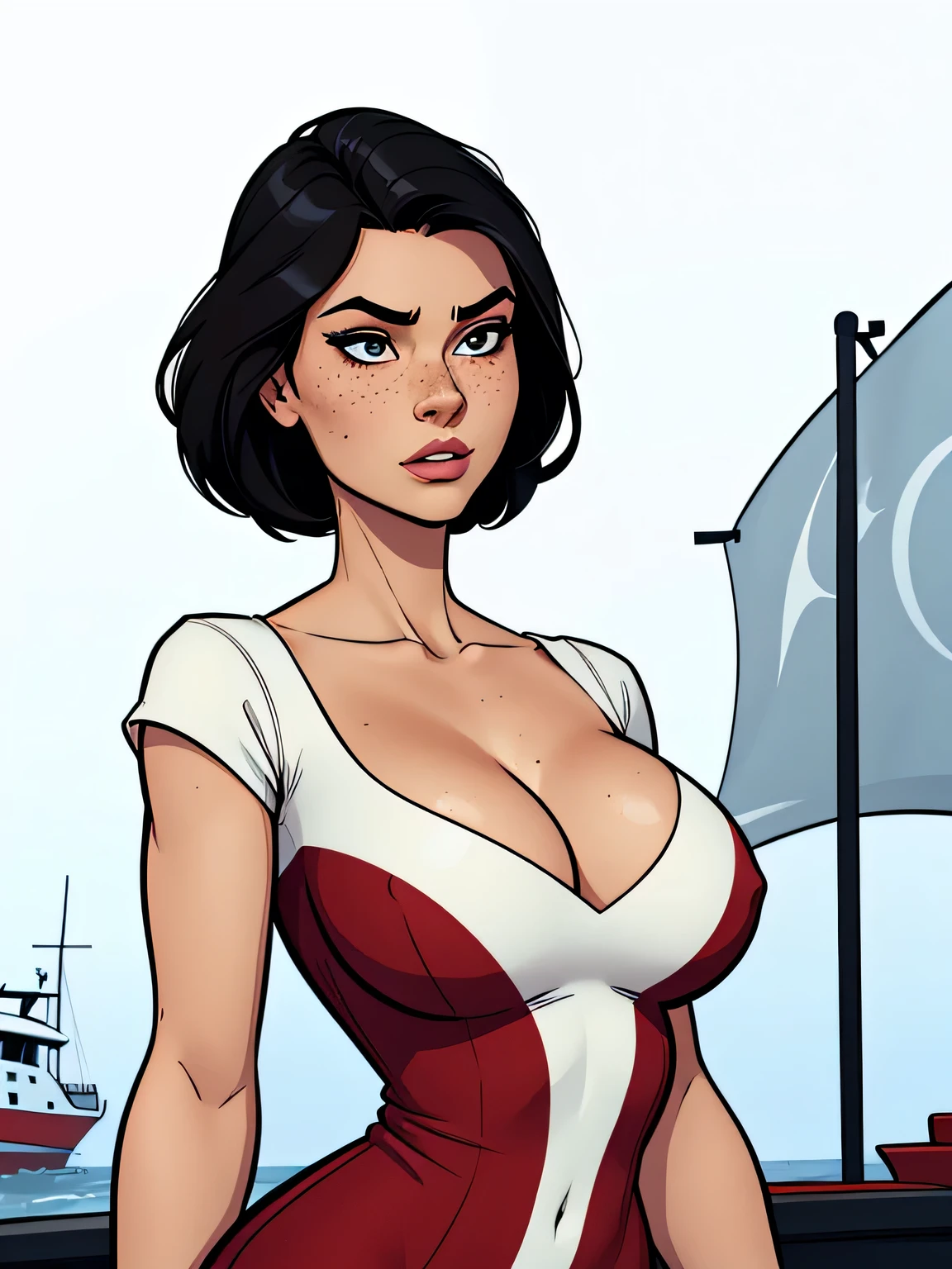 Thin woman, age 25, 4K (High definition), thoughtful, seducing gaze, eyes browns, wearing dress (red with a white stripe the width of the neckline to the edge of the dress) with a boat neck and short sleeves, arms positioned at the side of the body, Caucasian skin, straight black hair down to shoulder length, standing (upper body), full of curves with freckles across her chest and neck, natural round breasts. Marvel style high quality, white background.