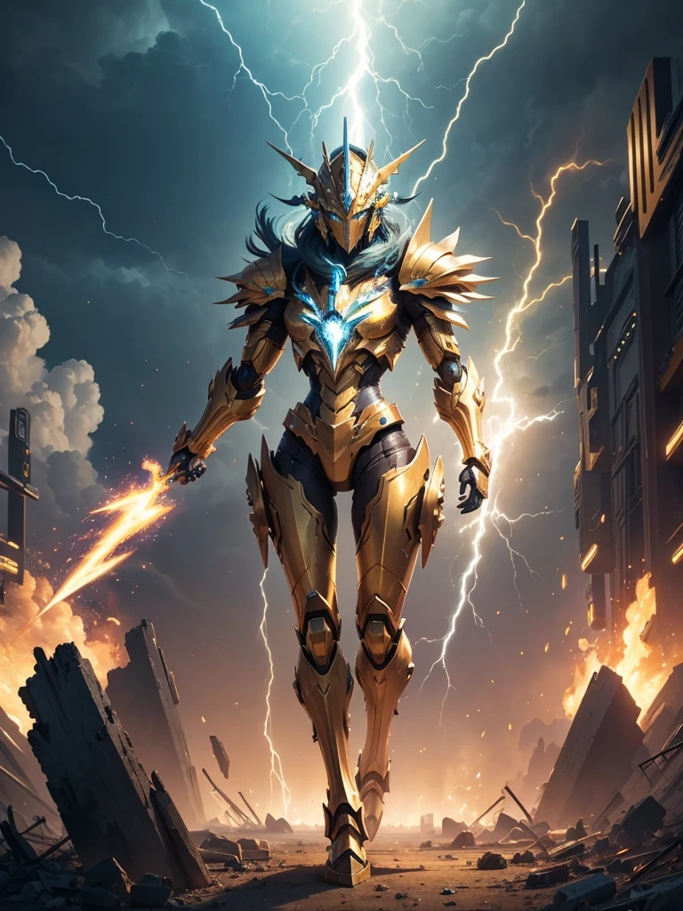((best quality)) , ((masterpiece)) , (detailed),A robot-like creature, golden armor with blue and green accents, a large headdress, two hands holding lightning bolts, an explosion background, rubble, debris.