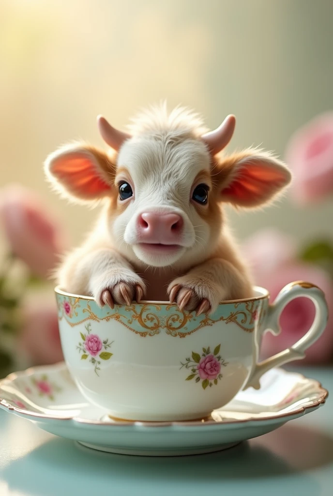 ((masterpiece,best quality,)),close up,side,A cute little cow placed in a teacup,Sexy holding a teacup