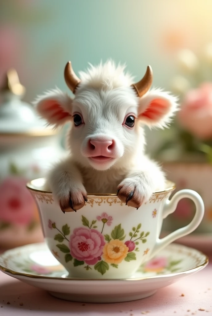 ((masterpiece,best quality,)),close up,side,A cute little cow placed in a teacup,Sexy holding a teacup