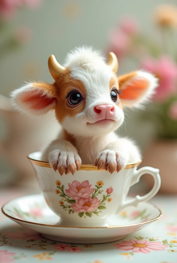 ((masterpiece,best quality,）），close up，side，A cute little cow placed in a teacup，Sexy holding a teacup