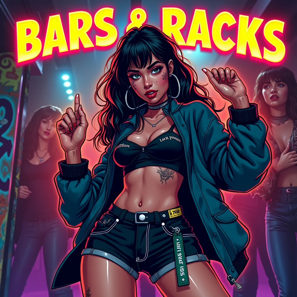 Asian Girl Rapper, dancing, gang party, in the club, pretty, face_tattoos, comic style, cartoon, party, Album cover, "BARS & RACKS", Letters say BARS & RACKS, dark, comic style, gangster, tech wear outfit, dynamic