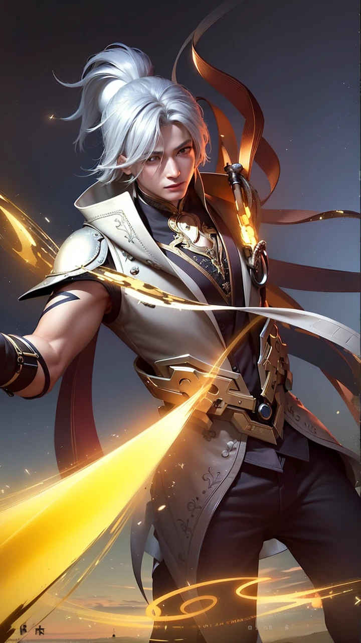 masculine male, masterpiece, ((perfect eyes)) best quality, (semirealism:1.9), beautiful lighting, (extremely detailed CG unity 4k fhd wallpaper), High Detail, Sharp focus, dramatic outdoors, 1 boy ,19 years old, white hair, light purpel eyes, smile.