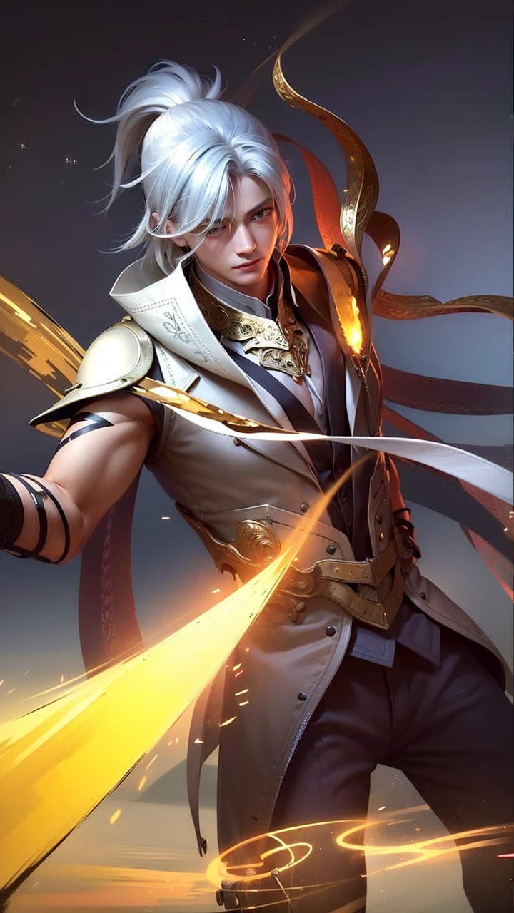 masculine male, masterpiece, ((perfect eyes)) best quality, (semirealism:1.9), beautiful lighting, (extremely detailed CG unity 4k fhd wallpaper), High Detail, Sharp focus, dramatic outdoors, 1 boy ,19 years old, white hair, light purpel eyes, smile.