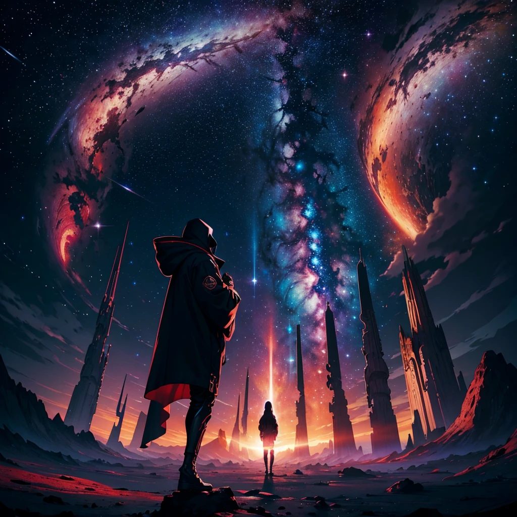 mysterious, hooded cosmic figure, standing in the depths of space with a celestial background of stars and galaxies. The figure's face is an infinite void filled with stars, representing the universe itself. It holds a glowing, mystical orb in its hands, symbolizing the power and mystery of the cosmos. The scene is bathed in dark, otherworldly colors with hints of red and white light, creating a sense of awe and reverence. The surrounding environment includes towering structures, possibly alien or ancient, and the overall atmosphere evokes the presence of a powerful observer of the universe.
