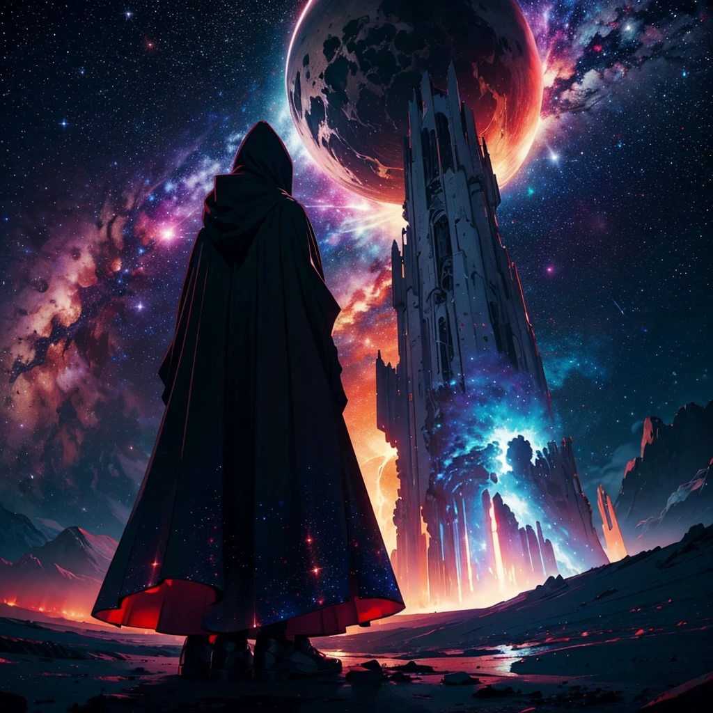 mysterious, hooded cosmic figure, standing in the depths of space with a celestial background of stars and galaxies. The figure's face is an infinite void filled with stars, representing the universe itself. It holds a glowing, mystical orb in its hands, symbolizing the power and mystery of the cosmos. The scene is bathed in dark, otherworldly colors with hints of red and white light, creating a sense of awe and reverence. The surrounding environment includes towering structures, possibly alien or ancient, and the overall atmosphere evokes the presence of a powerful observer of the universe.