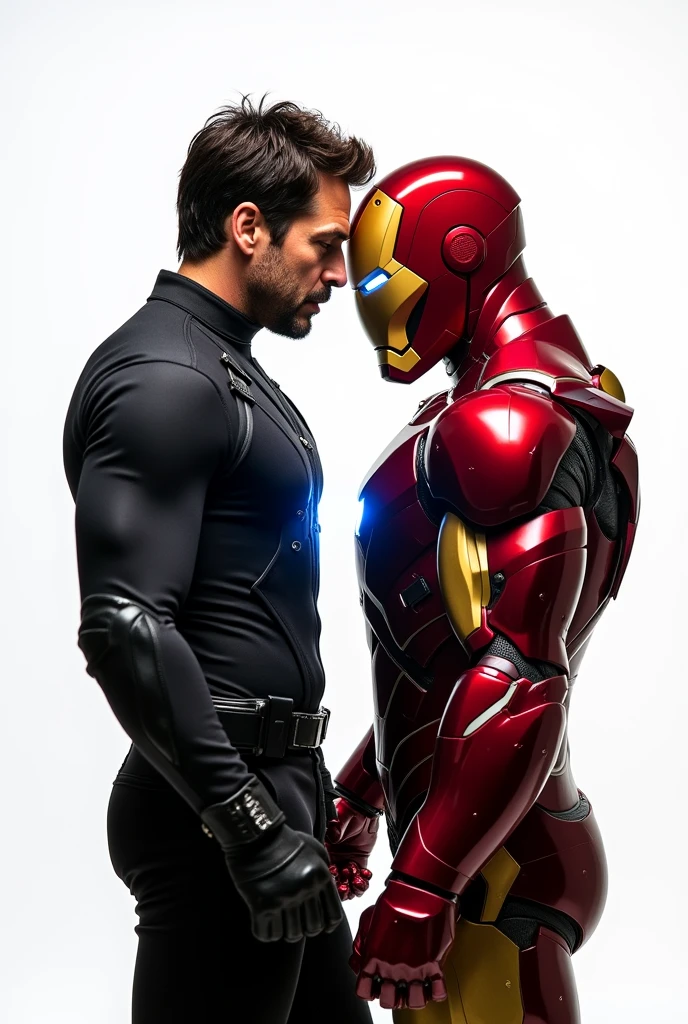 tony stark and iron man bumping backs looking to opposite places in profile fighting positions, full body
Drawing with white background