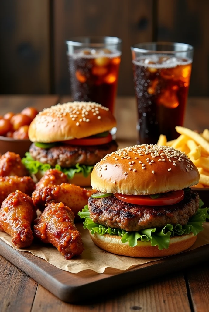 Two plain hamburgers. four chicken wings, French fries, two cokes in a glass
