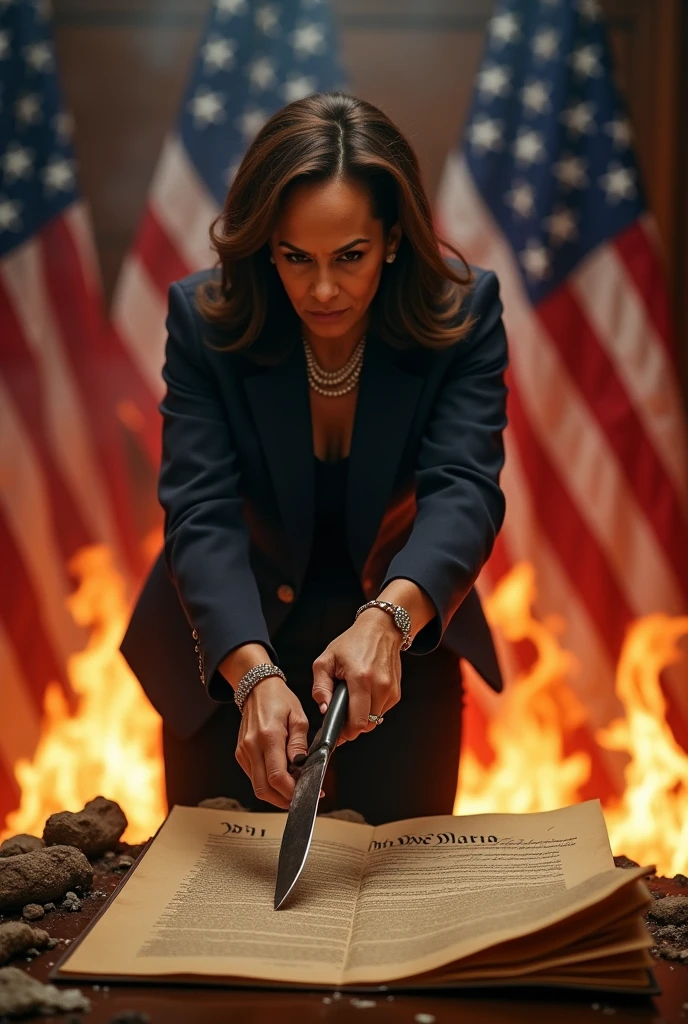 Photorealistic Kamala harris with an evil smile, shoving a knife through a map of the USA, while American flags burn in the background