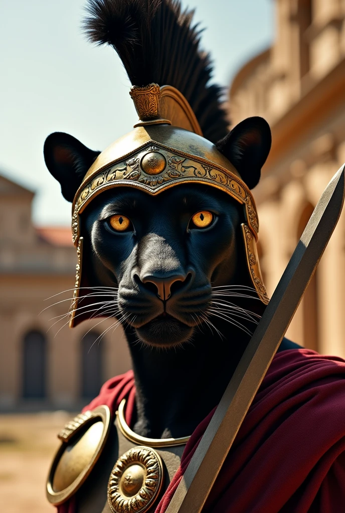 Panther head with a Roman helmet and two crossed weapons in the background