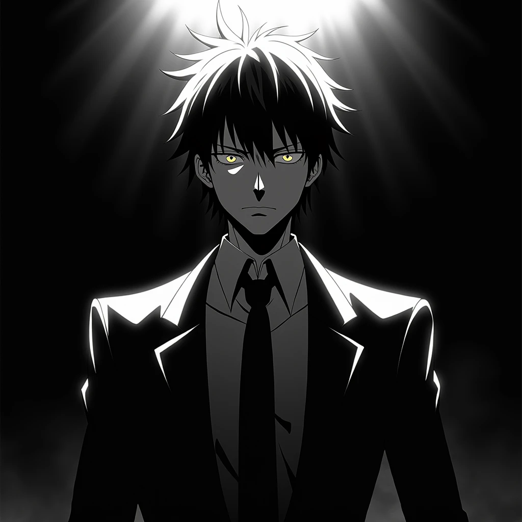 "Generate a high-contrast black and white anime-style character in the vein of Kira from Death Note. The character should have an intelligent and confident demeanor, with sharp, defined features, neatly styled hair, and an intense, calculating gaze. The expression should convey a 'I'm unbeatable' attitude, with a slight smirk to emphasize the character's superiority and self-assuredness. The overall scene should be dark, with dramatic lighting and strong contrasts, similar to the previous image style, highlighting the character's features and creating an atmosphere of power and intelligence."

