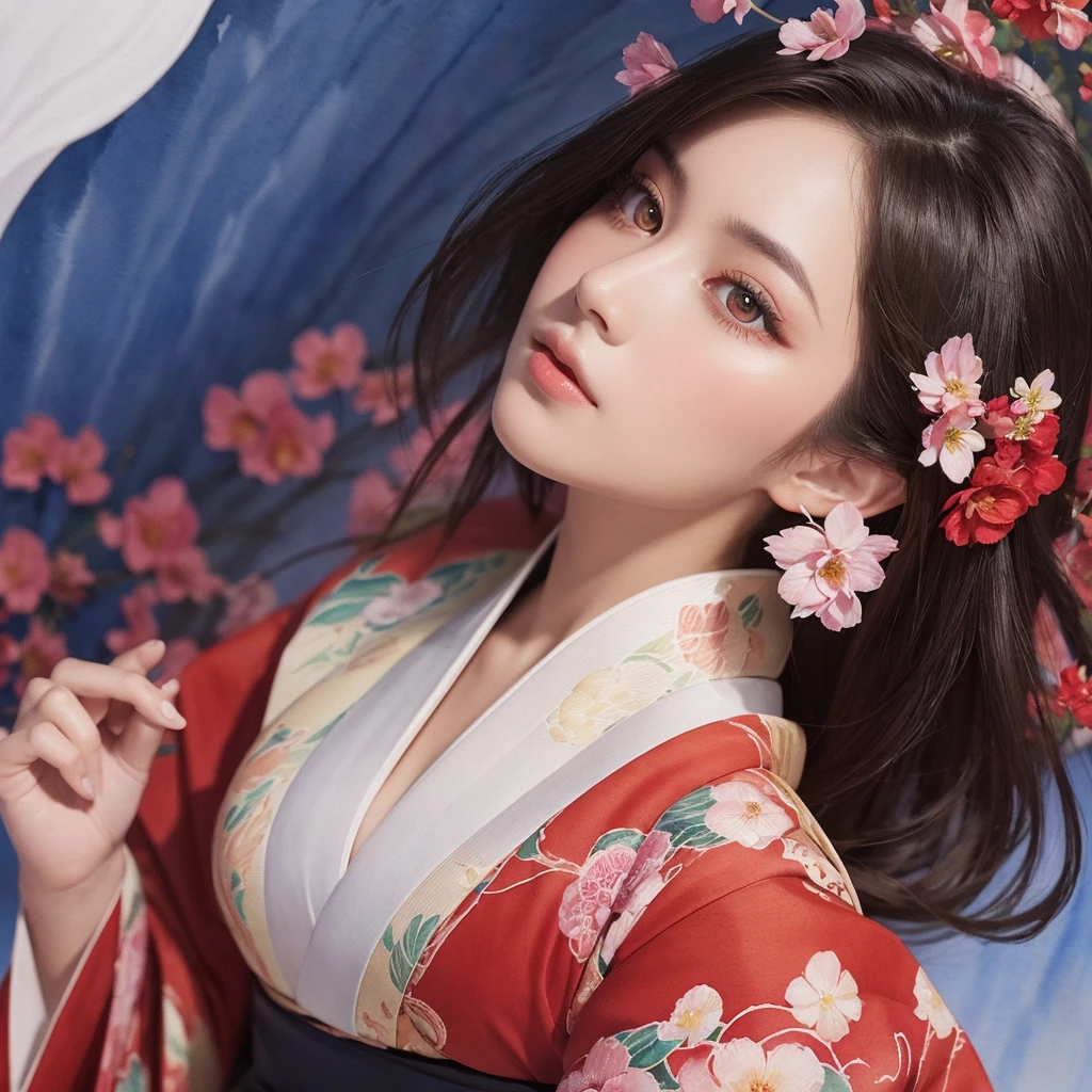(masterpiece:1.2, Highest quality), (Beautiful Eyes: 1.2), ((One person)), ((alone)), (Red eyes:1.4), (Beautiful Eyes and exquisite face:1.3), ( Beautiful and vivid background: 1.2), (Very detailedCG, Very detailed, Best Shadow: 1.1), ((Depth of written boundary)), ((watercolor)), (They are: 1.5), (kimono: 1.3), Big Breasts , Exposing shoulders, Flowers and petals, Beautiful concept art, (White Background: 0.5), (figure: 1.1), (Very delicate: 1.1), (Perfect detail: 1.1), profile, Cowboy Shot,