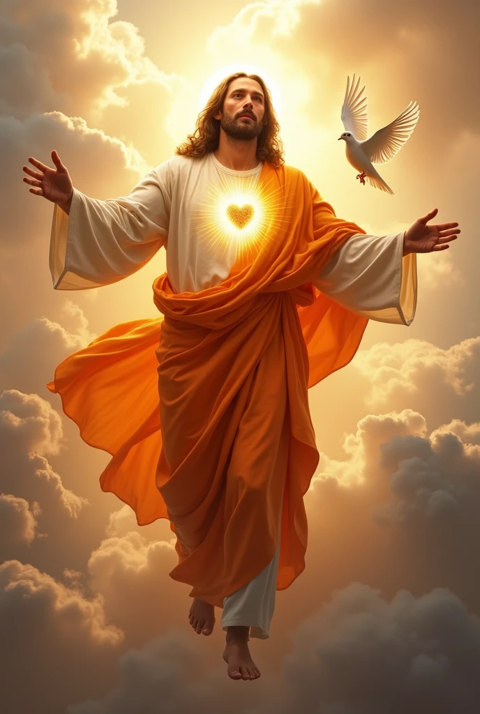 (photorealism:1.2), handsome Jesus Christ, depicting a figure of handsome Jesus Christ ascending to heaven that full of clouds and sorrounded of light at the center, wearing the orange of the king clothes with light in his head and heart spreading all over, perfect five finger, handsome hair, outdoors, soft lighting, so many dove in the background, beautiful sunlight, paradise of clouds, relaxed pose, realistic, intricate details, bright colors,