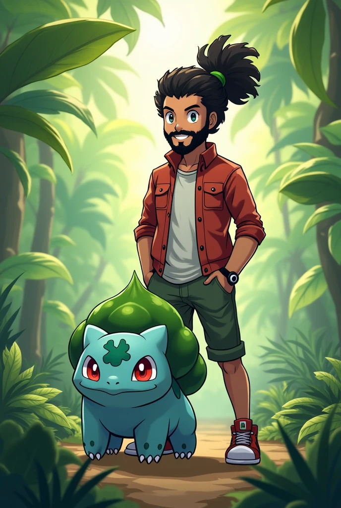 draw a Latin Pokemon trainer with a bun and curly hair, scraped on the side, with beard and mustache, ao lado do pokemon  bulbassaur