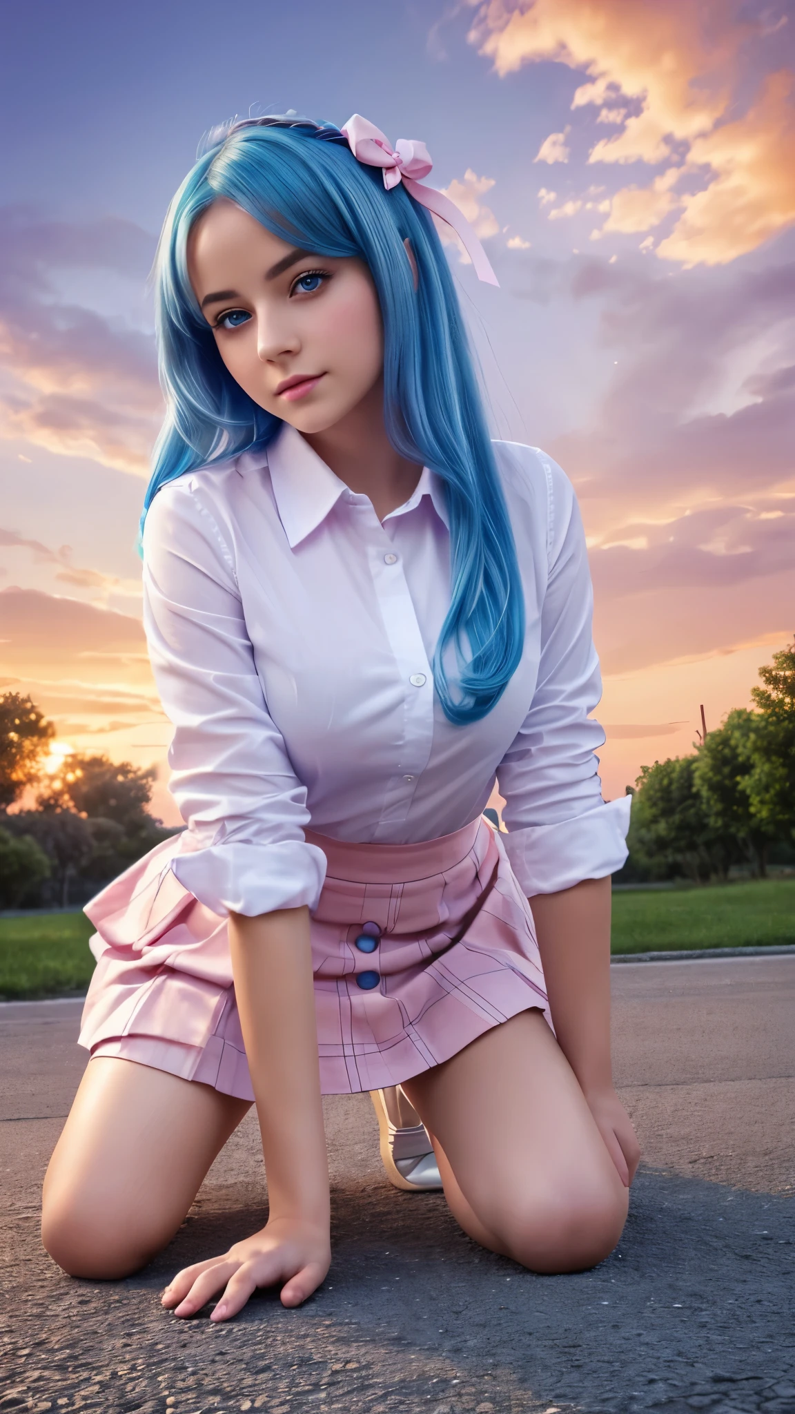 (detailed beautiful eyes and detailed face, masterpiece side light, masterpiece, Highest quality, detailed, High resolution illustrations), (1 person, beautiful girl, Glowing Skin), (Sky blue hair, Pink eyes, skirt, ribbon, Button-down shirt)(Kneel on the ground)