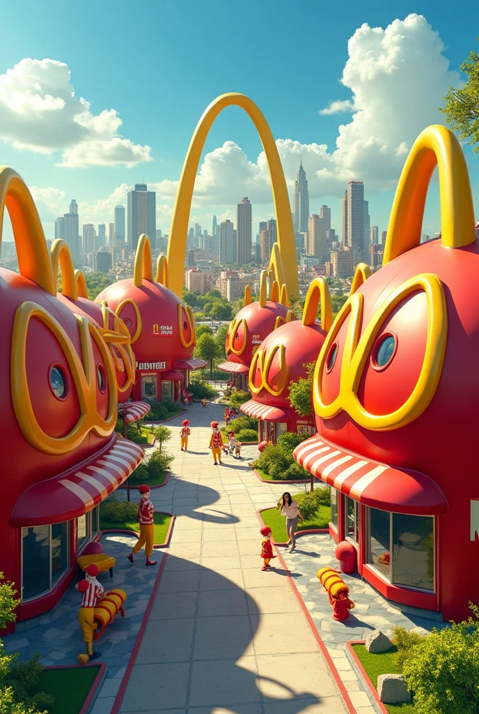 Create a McDonald's city for me where every house is a fat McDonald's. All the houses must be McDonald's restaurants and all very fat. It should be a whole city, a very large city.