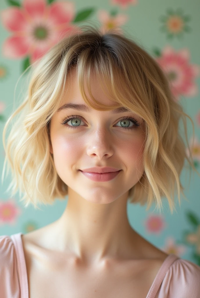 Bob haircut
Doll eyes
Around twenty years old
Blonde hair
Curled eyelashes