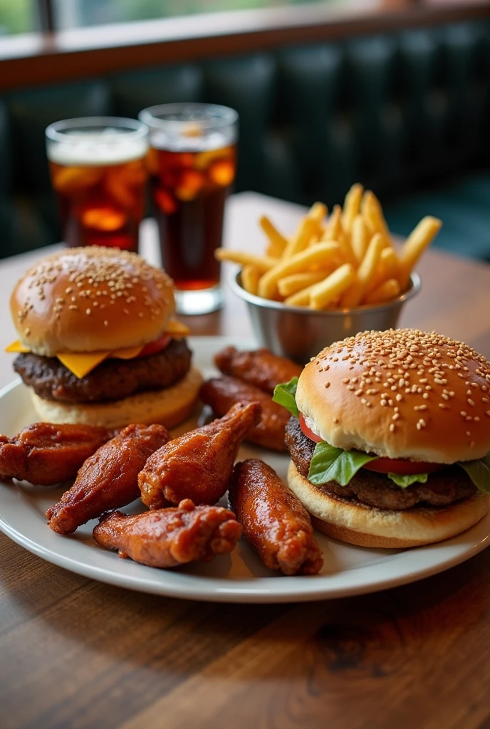 Two plain hamburgers. four chicken wings, French fries, two cokes in a glass 