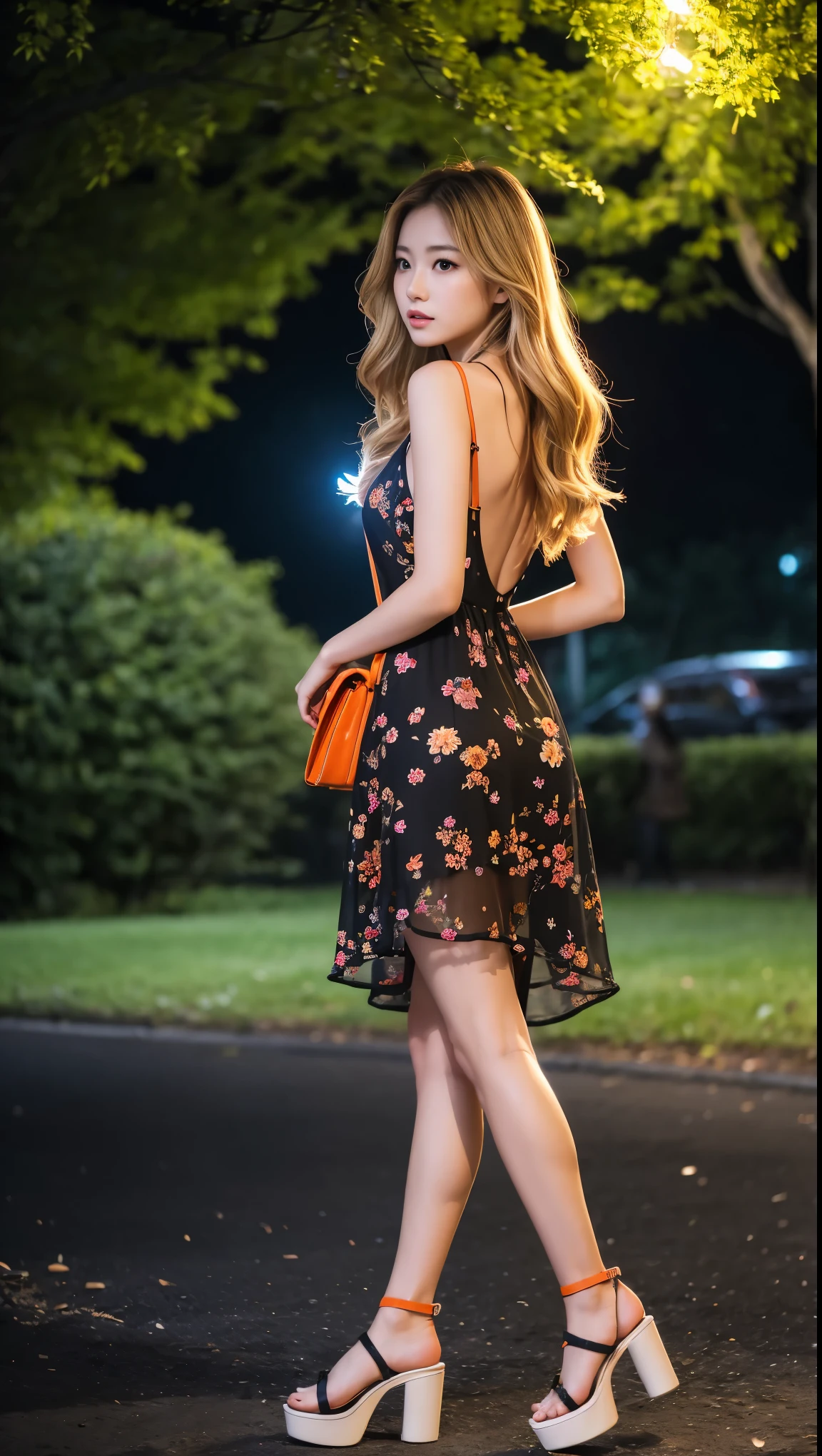 Full Body Shot、Outdoor、masterpiece、Highest quality、High resolution、Realistic、Park at night in pitch black、A woman wearing an orange see-through dress walking alone in a dark, deserted park、The back view of an 18-year-old beautiful girl wearing a white and orange floral dress.、looking back、A beautiful woman flees in fear from a man approaching her in a park in the middle of the night、With her long, wavy, dark blonde hair fluttering、Long legs、Beautiful legs、Platform Sandals、slim、model、Slender、若くてセクシーなグラビアmodel、Chest visible from the side、looking at the camera、Looking up、Permed, long, dark blonde hair、