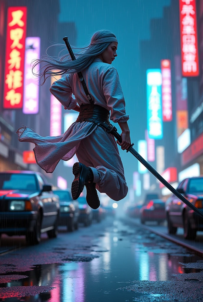 Highest quality,Very detailed,Realistic,robot, One person,Young swordsman,The body is slim, With a shining sword,futuristic cyberpunk night city , Costumes blended with futuristic technology, Cyberpunk city guard, Katana on his back, Long Hair, Gray Hair,,(Street Guardian:1.2), Jump up,(Harsh urban environment:1.3),(Determination and courage:1.2),masterpiece,Cyberpunk style with Chinese influence, head band, car wreck, night, rain, puddle, Cyberpunk Lite, , Very detailed,,, (Long Hair:1.3),(iridescence holographic Clothing:1.1)