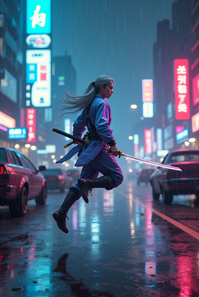 Highest quality,Very detailed,Realistic,robot, One person,Young swordsman,The body is slim, With a shining sword,futuristic cyberpunk night city , Costumes blended with futuristic technology, Cyberpunk city guard, Katana on his back, Long Hair, Gray Hair,,(Street Guardian:1.2), Jump up,(Harsh urban environment:1.3),(Determination and courage:1.2),masterpiece,Cyberpunk style with Chinese influence, head band, car wreck, night, rain, puddle, Cyberpunk Lite, , Very detailed,,, (Long Hair:1.3),(iridescence holographic Clothing:1.1)