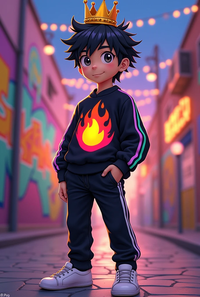 A cute anime boy with black hair and a crown, wearing a black sweater with a red, orange, and yellow fire logo and rainbow stripes on the sides.. Black pants with white stripes on the sides and white shoes 