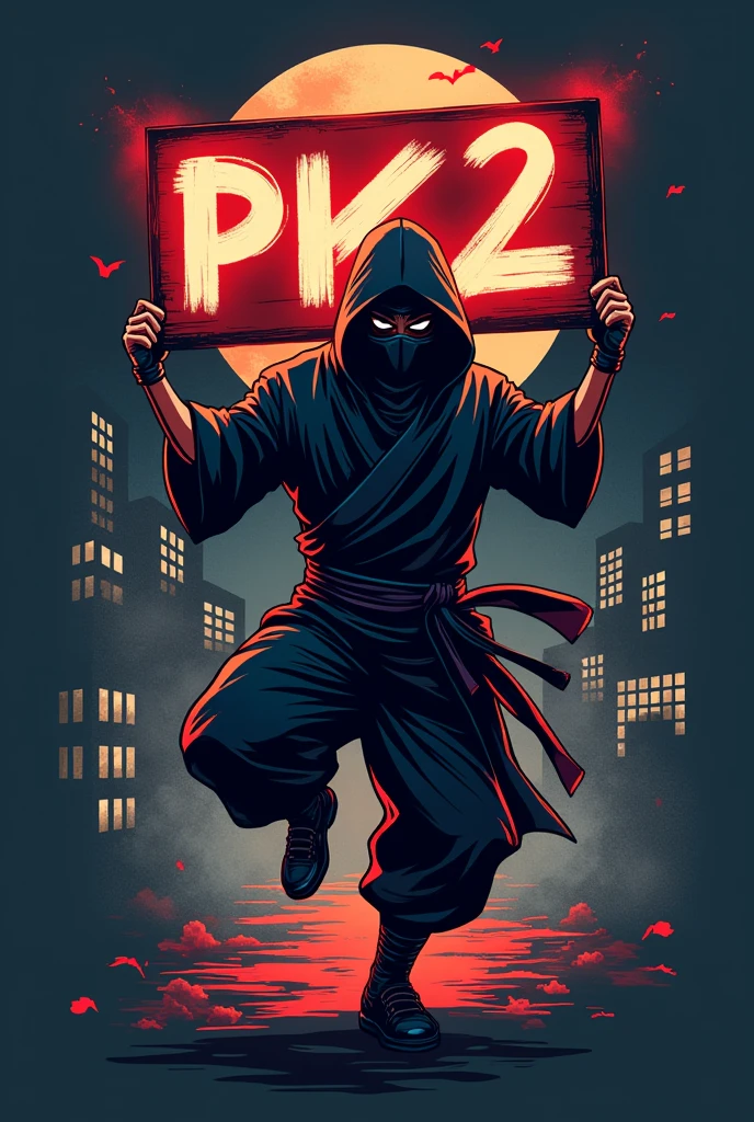A logo with a ninja holding a sign that says "PK2"