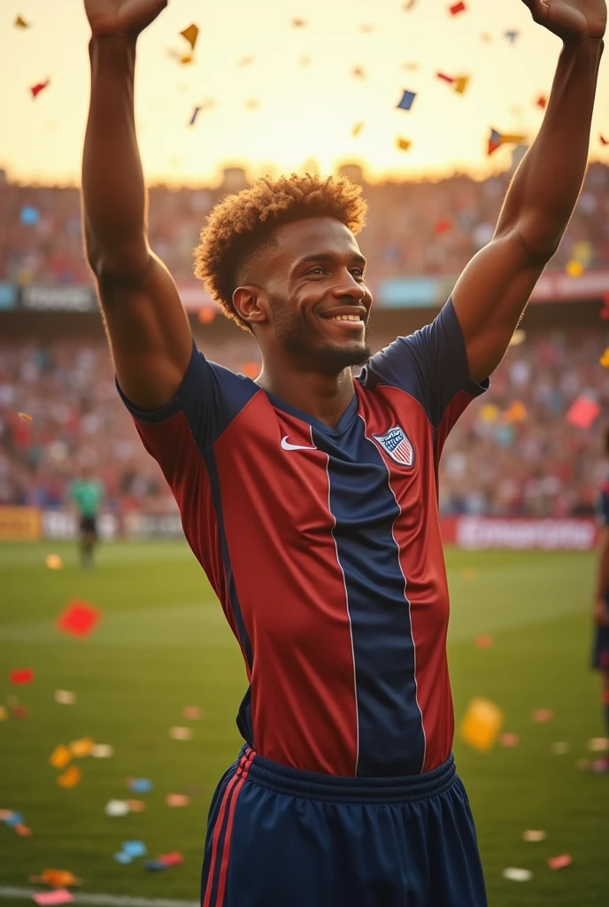 27-year-old adult male football player with short, curly hair and good musculature at the end of a match.
