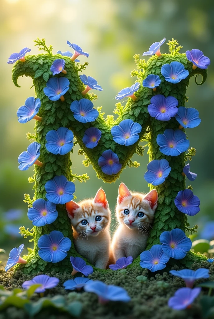 Notes the alphabet ‘M’、Please draw it in a design similar to a morning glory vine.。Part of the vine、Combine cute kittens playing together。The kitten is in a playful pose、Create an overall soft and cute look。