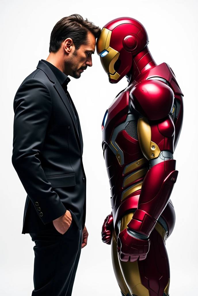 tony stark and iron man bumping backs looking to opposite places in profile fighting positions, full body

Drawing with white background 
