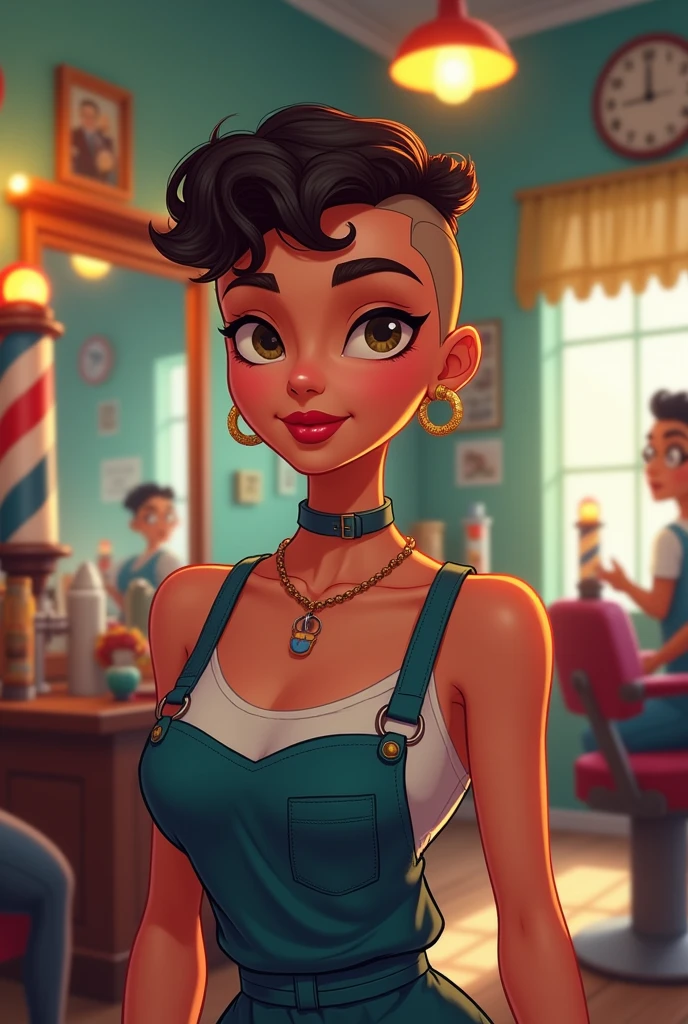 Create a Disney-style illustration of a female barber with very short, shaved hair and a piercing in her eyebrow.