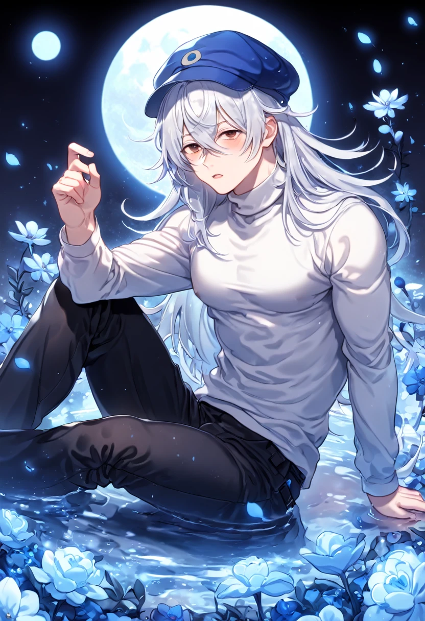 absurdres, highres, ultra detailed, HDR, master piece, Kite, white hair, long hair, hair between the eyes, expressive brown eyes, blue cap, white turtleneck shirt, long sleeves, Hunter x Hunter, sexy man sitting, best quality, blue moon, flowers, fantasy, magical, sensual, handsome, solo, water, blue shining fireflies, blue petals, manly man, blue flames, black pants, horny