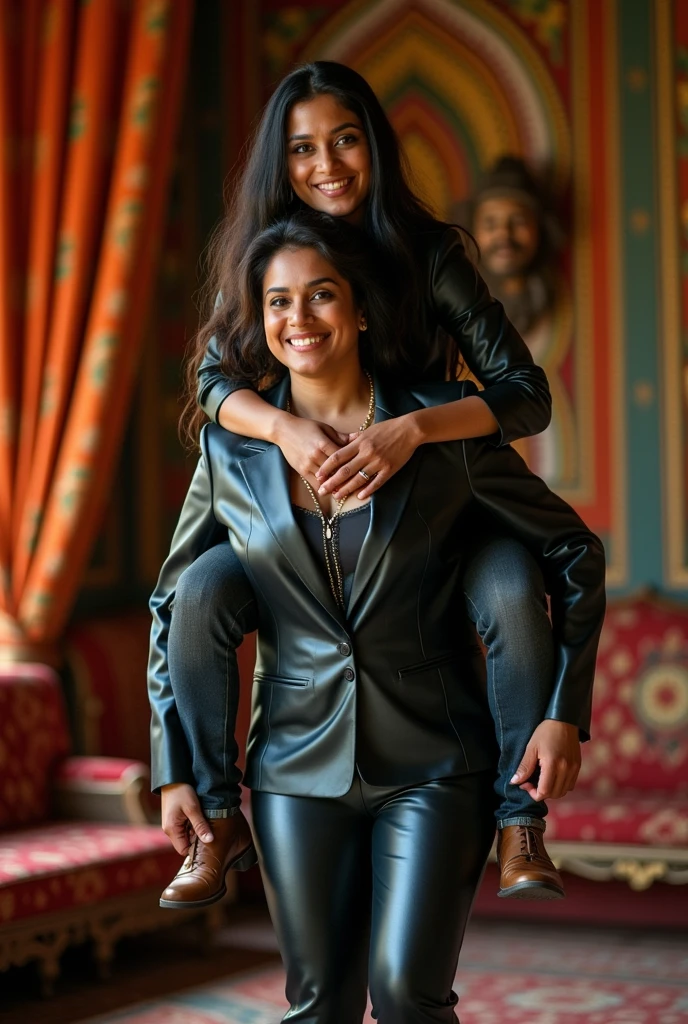 Create a realistic photograph of a smiling and beautiful indian woman in black leather suit carrying a obese man on her shoulder , in a exotic room, man is sitting on top of her shoulder, man on top, woman standing at bottom 