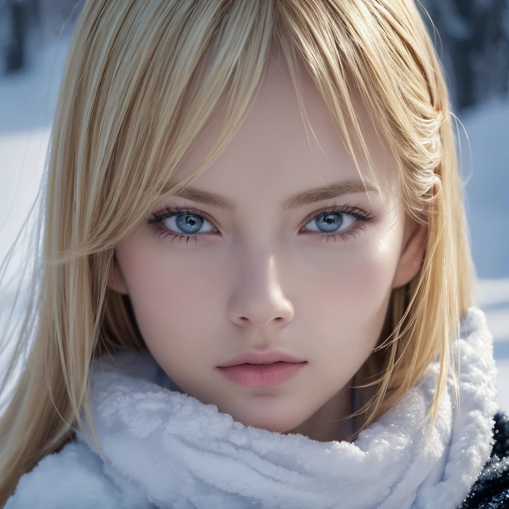 (oil, masterpiece, Highest quality, Super detailed, Focus on the characters), Short blonde, ([return:0.8]|[ face facing returnwards:1.1]), Serious face, ([A cold scenario:1.2]|[ snowy returnground:1.3]| [High Contrast:1.1])  