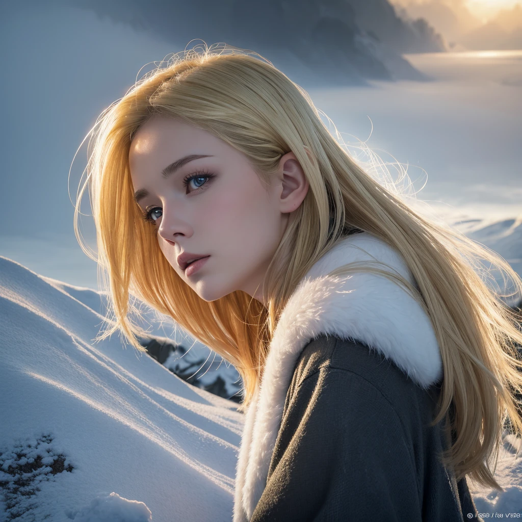 (oil, masterpiece, Highest quality, Super detailed, Focus on the characters), Short blonde, ([return:0.8]|[ face facing returnwards:1.1]), Serious face, ([A cold scenario:1.2]|[ snowy returnground:1.3]| [High Contrast:1.1])  