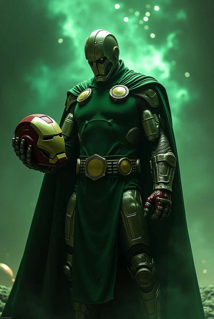 Generate Doctor Doom from Tony Stark holding and looking at the damaged Iron Man helmet, in detail with a space background and green and a little dark