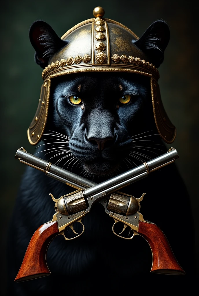 Panther head with a Roman helmet and two crossed pistols in the background