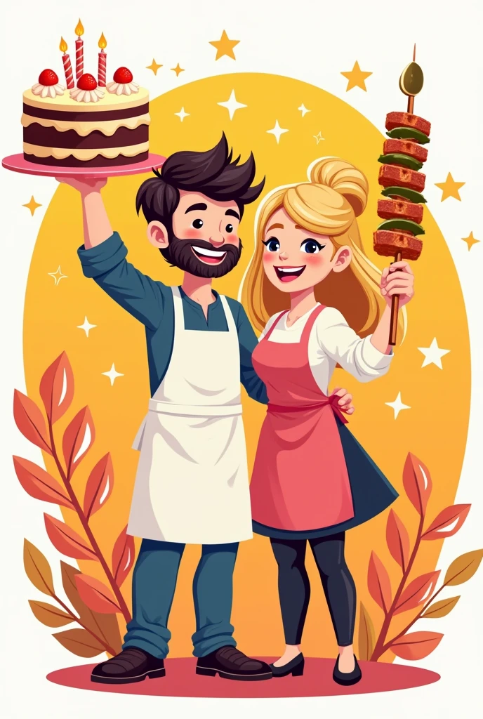 Logo of a young couple, a male and female chef, holding a cake and a skewer, for a fast food restaurant named Sweet Moments