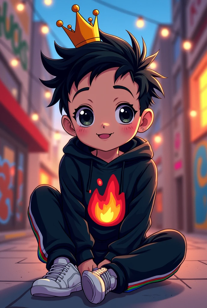 A cute anime boy with black hair and a crown, wearing a black sweater with a red, orange, and yellow fire logo and rainbow stripes on the sides.. Black pants with white stripes on the sides and white shoes