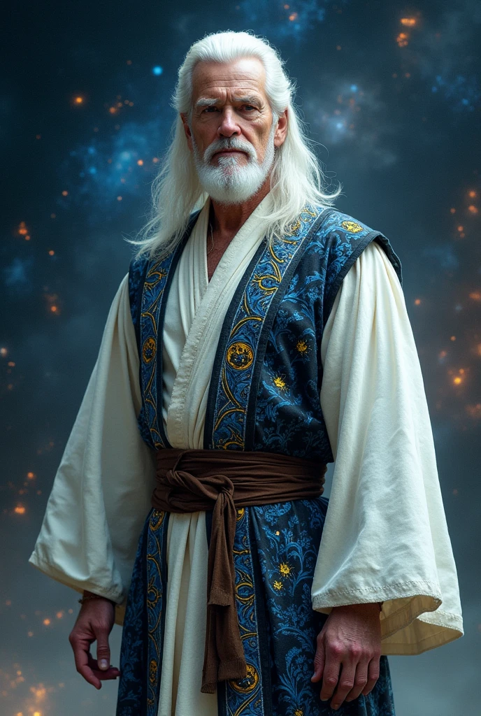 Make a white-haired man combed towards ,behind the age of 40 years, with a white robe and a black vest with blue and yellow medieval style , White skin color, that they have cosmic powers